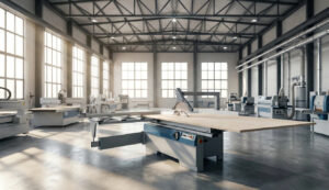 Industrial 3.2m heavy-duty sliding table saw performing large panel cutting on a full-size plywood sheet in a professional factory setting.