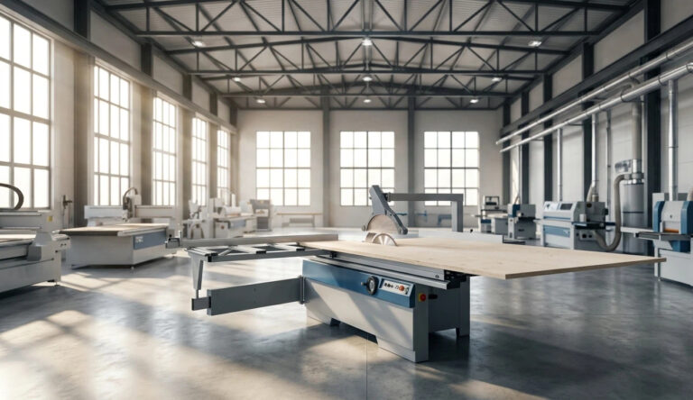 Industrial 3.2m heavy-duty sliding table saw performing large panel cutting on a full-size plywood sheet in a professional factory setting.