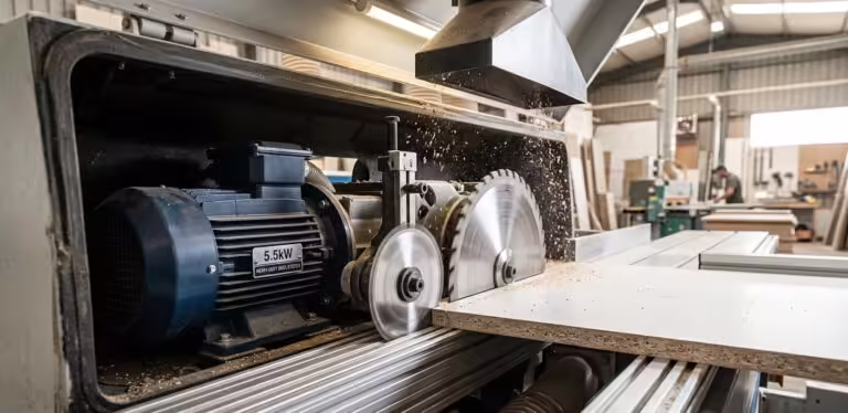 Una instantánea fotorrealista que captura una vista interna en primer plano de un sistema de sierra de panel para carpintería industrial H45 de servicio pesado expuesto que corta activamente una gruesa lámina de MDF con cara de melamina. El potente motor principal de 5,5 kW (etiquetado claramente con '5,5 kW') domina el primer plano, impulsando la hoja circular principal más grande. Directamente antes, la hoja ranuradora más pequeña corta con precisión una ranura poco profunda en el panel. Se están expulsando activamente aserrín y virutas de MDF frescos de ambas cuchillas bajo luces enfocadas de fábrica, con materiales apilados, otras máquinas borrosas y figuras de trabajadores al fondo.