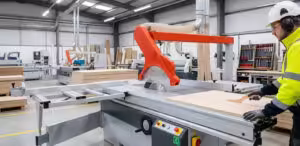 Photorealistic H45 sliding table saw in a workshop, showcasing a prominent red overhead guard and large sliding table for CE safety compliance.