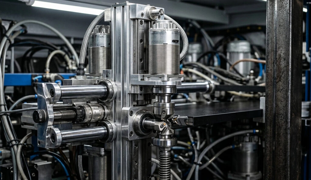 Detailed view of the corner rounding motors in an automatic edge banding machine, showing high-frequency precision for professional edge finishing.