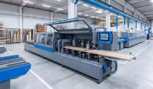 A heavy-duty automatic edge banding machine operating in a modern furniture factory, showcasing industrial high-speed production stability.