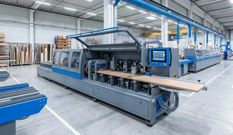 A heavy-duty automatic edge banding machine operating in a modern furniture factory, showcasing industrial high-speed production stability.