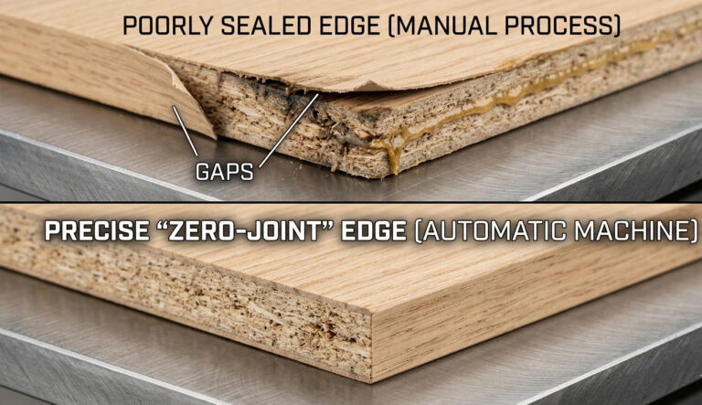 Technical comparison of furniture edges: Top shows a poorly sealed manual edge with gaps and glue lines; Bottom shows a precise zero-joint edge created by an Automatic Edge Sealing Machine.