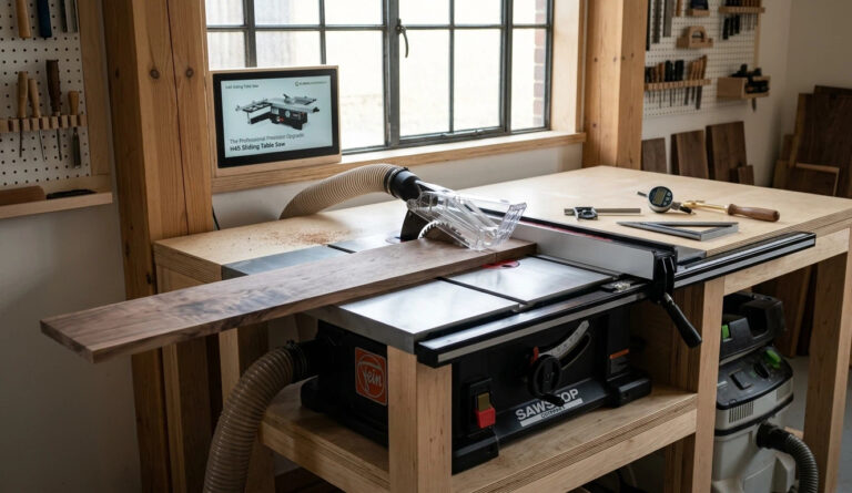 A professional benchtop table saw setup in a small woodworking shop, cutting walnut wood with a precision rip fence and dust collection system.