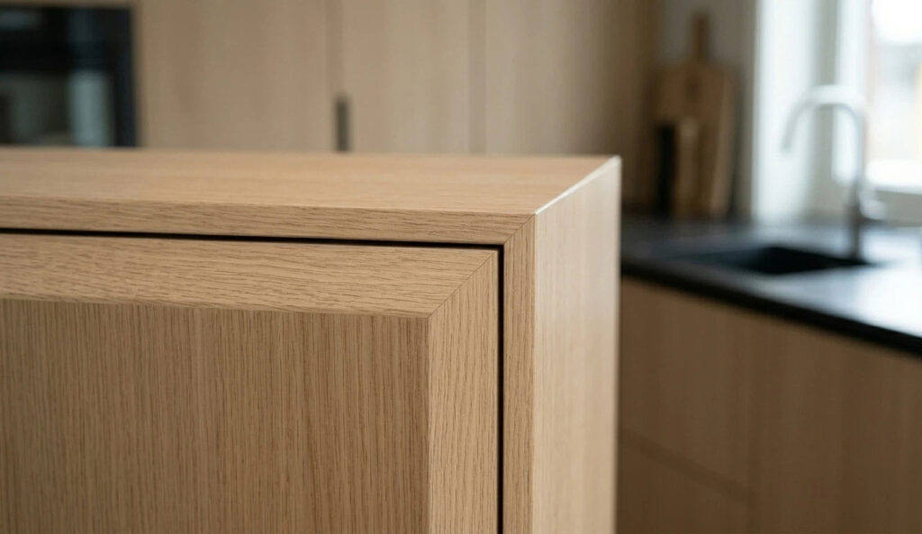 A high-detail macro shot of a 45-degree beveled cabinet door edge with a seamless glue line, produced by a full-automatic bevel edge banding machine.