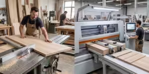 Side-by-side comparison of a traditional manual sliding table saw and a modern CNC panel saw to demonstrate ROI and production efficiency.