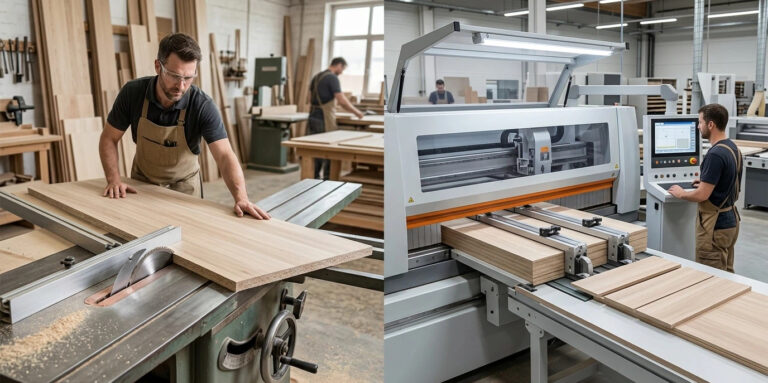 Comparación lado a lado de una sierra de mesa deslizante manual tradicional y una sierra de panel CNC moderna para demostrar el retorno de la inversión y la eficiencia de producción.
