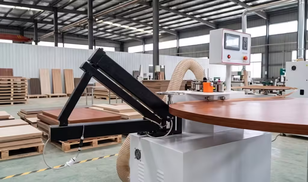 Industrial D5 rocker type edge banding trimming machine performing high-precision trimming on a curved wooden table top in a furniture workshop.