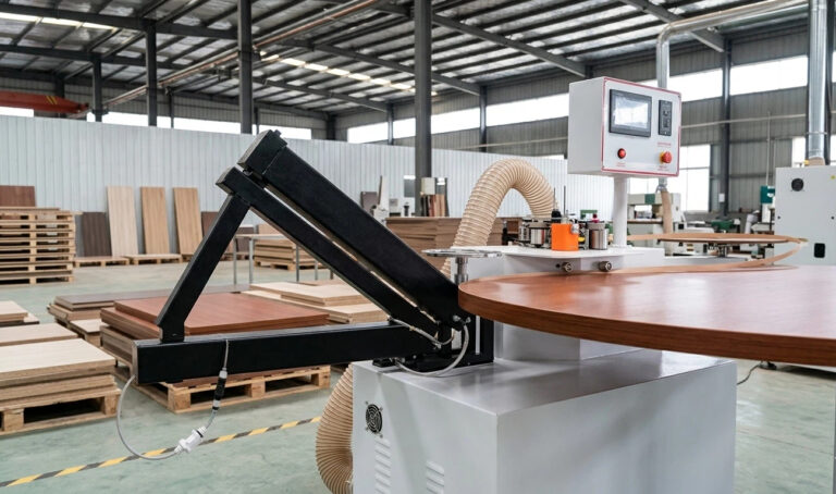 Industrial D5 rocker type edge banding trimming machine performing high-precision trimming on a curved wooden table top in a furniture workshop.