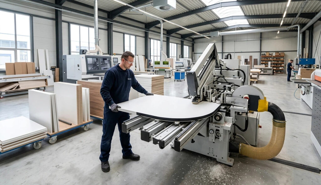 Professional worker operating the D7 rocker edge banding trimming machine to finish a curved white panel in a modern woodworking factory, ensuring precision head and tail trimming.