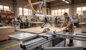 A hyper-realistic photograph of a modern factory producing industrial sliding table saws for furniture manufacturing. The H45 model is prominently featured as a complete unit on the concrete floor, with other machinery and workers visible in the softly blurred background.