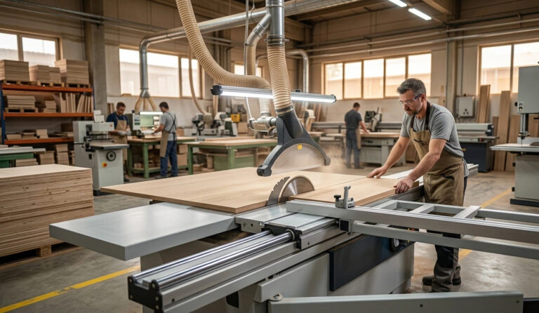 Una fotografía hiperrealista de una fábrica moderna que produce sierras de mesa deslizantes industriales para la fabricación de muebles. El modelo H45 se destaca como una unidad completa en el piso de concreto, con otras maquinarias y trabajadores visibles en el fondo suavemente borroso.