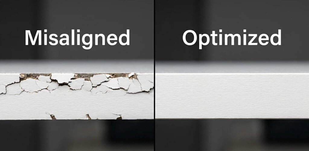 Side-by-side comparison of misaligned scoring saw results causing melamine chipping versus an optimized scoring saw blade adjustment for a perfect edge.