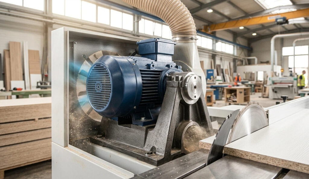 A photorealistic close-up snapshot capturing a dynamic view inside a professional indoor woodworking factory during an active cutting shift. Foreground focuses sharply on the high-torque, dark blue 5.5kW industrial motor and its critical reinforced cast-iron trunnion frame, acting as a major heat sink. Extensive cooling fins on the motor housing and a clean mesh screen ensure fresh air intake, while wood dust is dynamically being evacuated into large, overhead dust extraction hoses and a lower port near the rapid circular saw blade cutting a Melamine-faced MDF board. Natural sunlight from high windows highlights the rugged metallic textures and fresh sawdust plume under bright ambient lighting. Background shows stacked wood panels, tools, other indoor machines, overhead cranes, and faint worker figures. No text, logos, or numbers are on any surface, including the motor housing and trunnion.