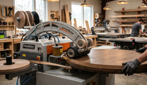 A professional, photorealistic cover image of a dynamic robotic rocker edge banding machine performing precision non-contact curved edge sealing on a large circular wood component, generating a focused plasma plume and shockwave in a high-tech woodworking facility, devoid of any text.