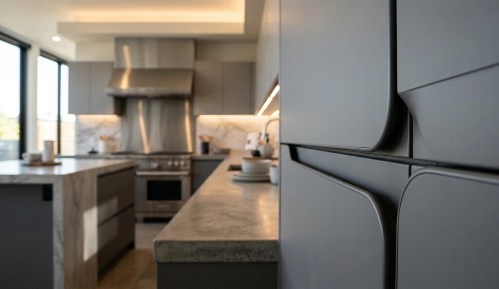 A close-up shot of a matte grey J-pull kitchen cabinet door showcasing seamless edge banding achieved by a high-precision profile edge banding machine, featuring zero-joint technology on complex curved profiles.