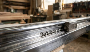 Macro technical view of industrial sliding panel saw guide rails featuring chrome steel linear bearings and ball bearing tracks for precision woodworking.