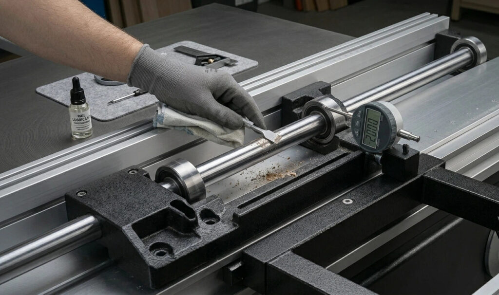 Technician performing maintenance on a sliding table saw carriage rail system, cleaning the round bar guides and applying rail lubricant for smooth operation.