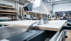 Close-up of a scoring saw blade and main blade cutting a melamine panel on a sliding table saw to prevent edge chipping.