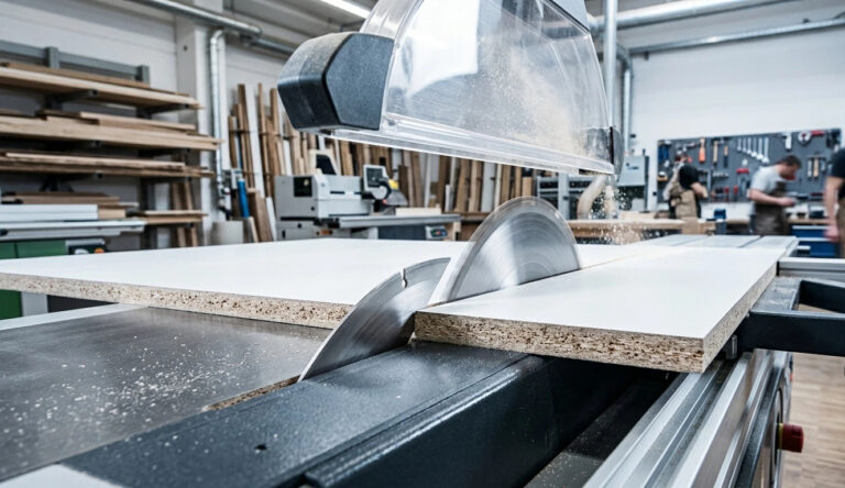 Close-up of a scoring saw blade and main blade cutting a melamine panel on a sliding table saw to prevent edge chipping.