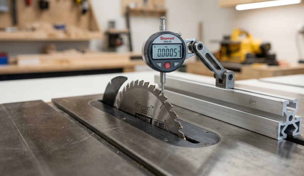 A digital dial indicator mounted on a miter bar measuring table saw blade parallelism to ensure precision alignment within 0.002 inches.