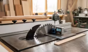 A comprehensive close-up of table saw calibration tools, featuring a digital dial indicator, a machinist square, a digital protractor, and a 5-cut method test sliver on a precision sliding table saw in a woodshop.