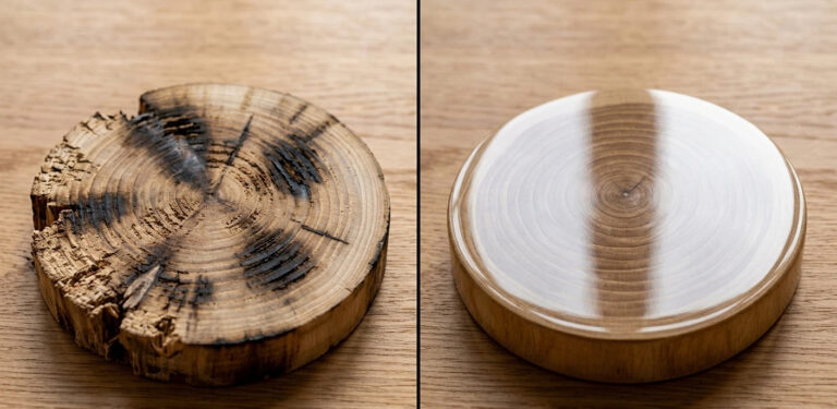 Comparison of wood surface defects with burn marks and tear-out versus a precision clean cut achieved by proper machine calibration.