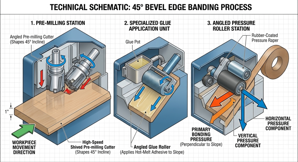 Technical schematic of the 45 degree bevel edge banding process, showing the pre-milling station, angled glue application, and vertical-horizontal pressure components for kitchen cabinet manufacturing.
