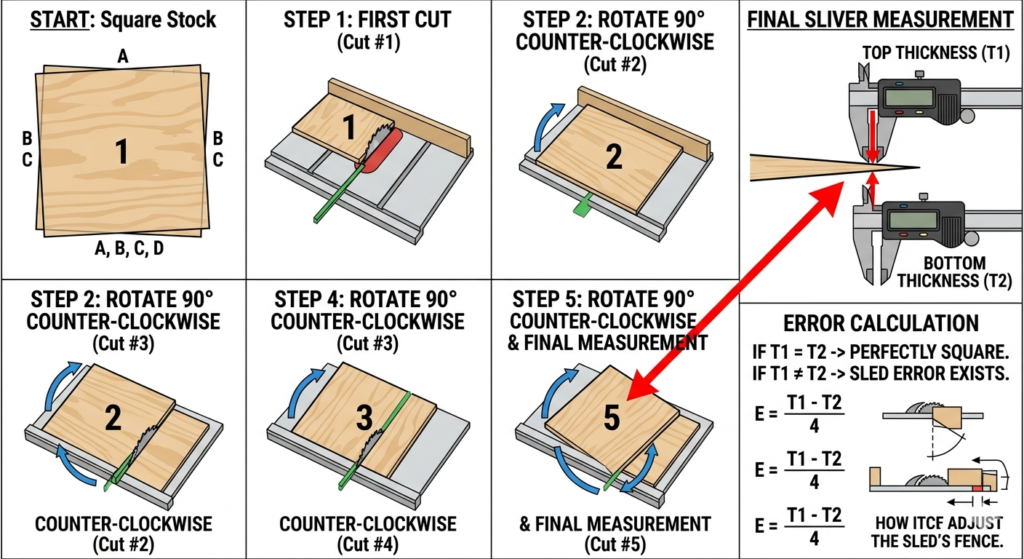 A step-by-step diagram showing the 5-cut method sequence for table saw calibration, including rotation steps and the final sliver measurement with calipers.