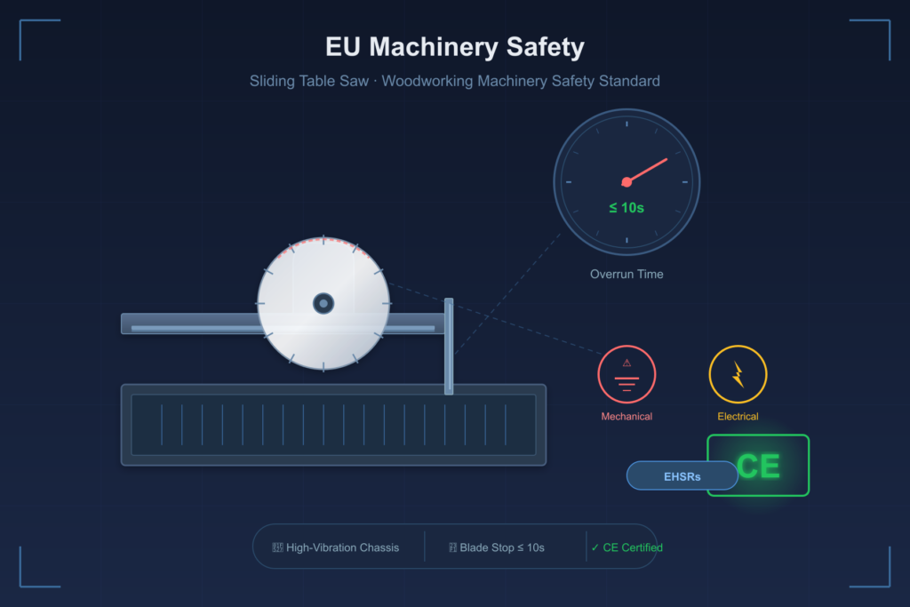 CE compliance diagram for sliding table saw showing blade overrun time ≤10s, mechanical/electrical hazards, and EHSRs under EU Machinery Directive