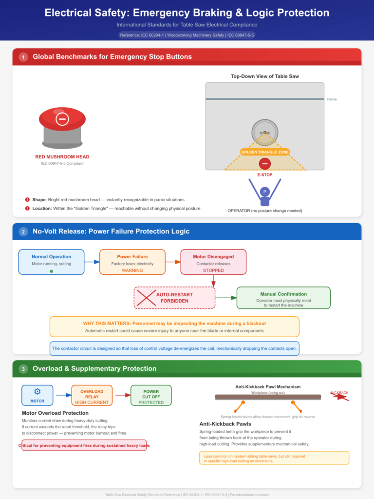 Infographic explaining table saw electrical safety standards: emergency stop button placement in the operator's golden triangle zone, no-volt release logic preventing automatic restart after power failure, motor overload protection relay, and anti-kickback pawl mechanism per IEC 60204-1